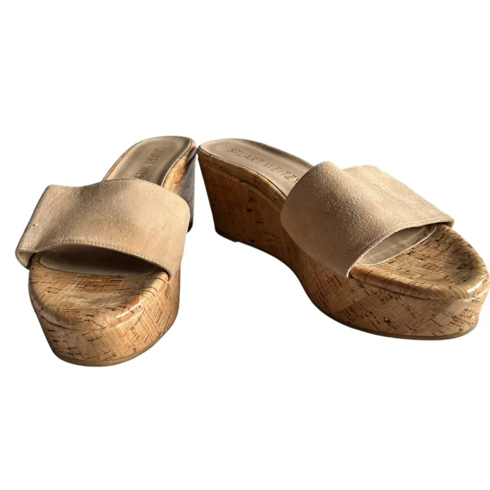 Stuart Weitzman Beige Suede Wedge platform Slides Sandals Shoes 7.5 - Picture 4 of 5